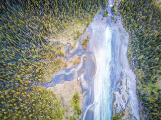 Aerial view of Bow river tributary, Banff National Park, Alberta, Canada