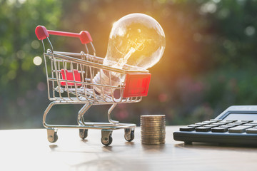 Energy saving light bulb with stacks of coins and shopping cart for saving, financial and shopping...