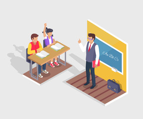 Two Students Boy and Girl Sit at Desk, Teacher Stand