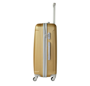 Golden sandy suitcase isolated on white background. Polycarbonate suitcase isolated on white. Golden sandy suitcase.