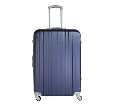 Dark blue suitcase isolated on white background. Polycarbonate suitcase isolated on white. Dark blue suitcase.