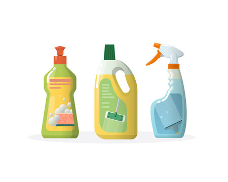 Set Household, Cleaning Products For Windows, Floors, In Plastic Bottles.