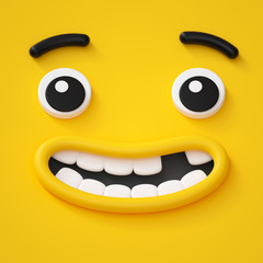 3d render, cute childish face, toothless smile, amazed emotion, emoji, emoticon, funny monster