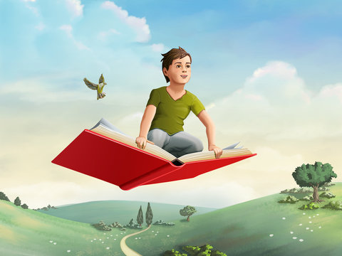 Children flying on a book