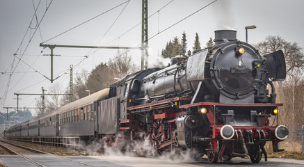 vintage black steam powered railway train