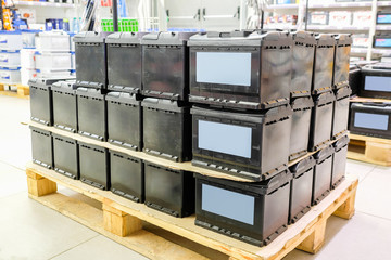 Klimovsk, Moscow region, Russsia - October, 16, 2017: batteries in the car components shop in...