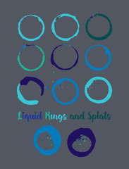 Turquoise, Purple, Blue Round Frames, Mug or Cup Stains and Rings. Vector Vintage Retro Logo or Ads Design Elements. Cool Water Splatter and Marks, Liquid Cup Rings Set. Funky Round Borders or Frames