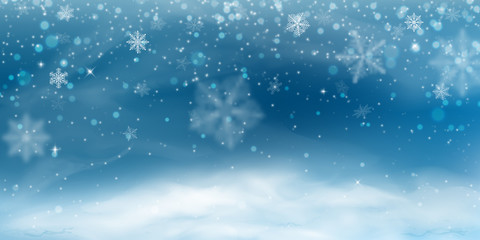 Fototapeta premium Snow background. Winter christmas landscape, blizzard, blurred snowflakes