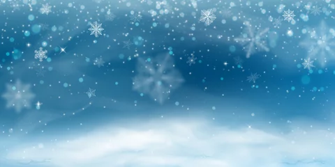 Fotobehang Snow background. Winter christmas landscape, blizzard, blurred snowflakes © zaie