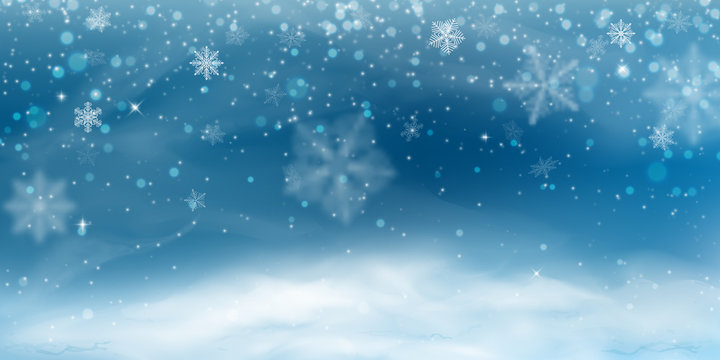 Snow background. Winter christmas landscape, blizzard, blurred snowflakes
