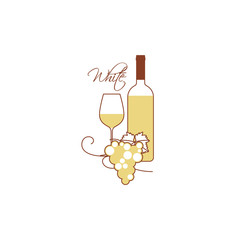 Wineglass, a bottle, a bunch of grapes and a leaf. Vector illustration of restaurant menu, tasting, wine card, store. Line style.
