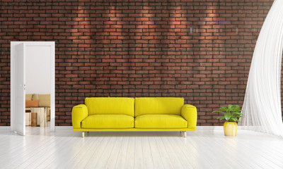 Modern interior design of livingroom in vogue with plant, yellow divan, copyspace. Horizontal arrangement. 3D rendering