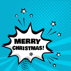 White comic bubble with MERRY CHRISTMAS word on blue background. Comic sound effects in pop art style. Vector illustration.