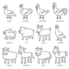 Set of isolated caroon farm animals in line style
