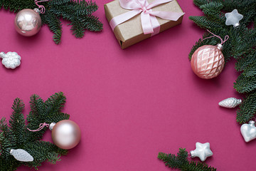 Christmas, New Year purple celebration concept flat lay. Winter holiday composition. Copy space