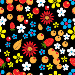 Abstract seamless pattern with berries, leaves and flowers