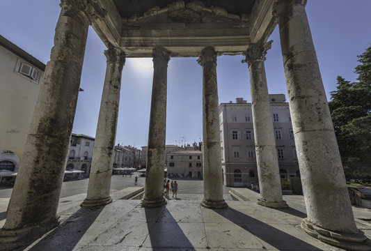Columns at entrance of the Temple of Augustus in Pula, Istria, Croatia