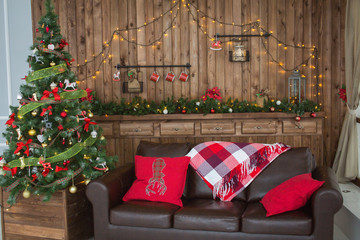 Leather sofa with Christmas tree