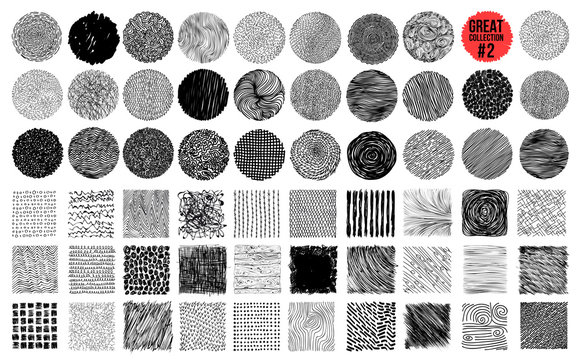 Hand texture. Set. The art collection of black design elements_circles, brush, wavy lines, abstract backgrounds, patterns. Vector illustration EPS 10. Isolated on white background. Freehand drawing