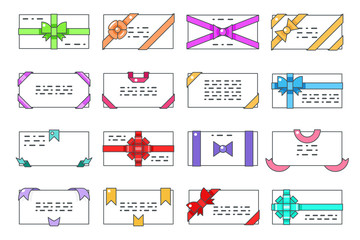 Lineart greeting card letter paper message gift writing bows ribbons set flat design abstract vector illustration