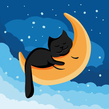 Vector cartoon illustration of a black sleeping cat holding the Moon in night sky. Good cloudy night with moon and stars.
