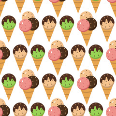 Chocolate vanilla and strawberry seamless pattern dessert sweet food Ice cream in cone vector illustration