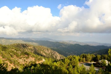Fototapeta na wymiar Landscape of Troodos mountains from Cyprus and cloudy blue sky