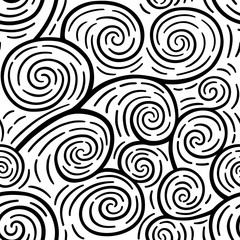 Curls seamless pattern. Vector illustration. Monochromatic seamless pattern with swirls. Black and white vector illustration.