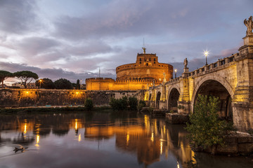 View of the Castel Sant'angelo or Mausoleum of Hadrian at sunset, Italy