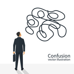 Confused thoughts. Confusion concept. Businessman is holding hands on head. Vector illustration flat design. Isolated on white background.
