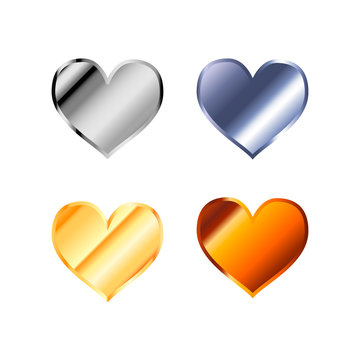 Glossy simple heart icons made from different metals isolated on white