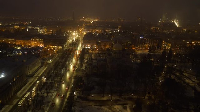 Aerial timelapse of the Riga city skyline at night 2017 Latvia