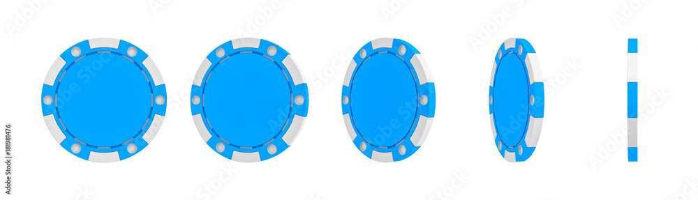Poster 3d rendering of a single blue casino chip shown in different views from full front to a slim side vi