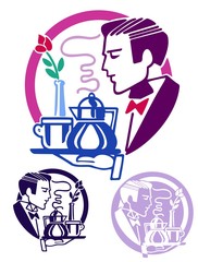 Logo style icon of a handsome man in a tux bearing a tray with coffee and a rose in a vase