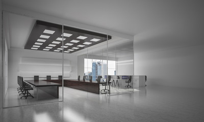 Office interior design in whire color and rays of light from win