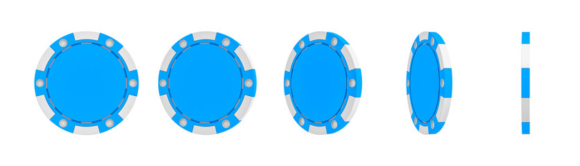 Naklejka premium 3d rendering of a single blue casino chip shown in different views from full front to a slim side view.