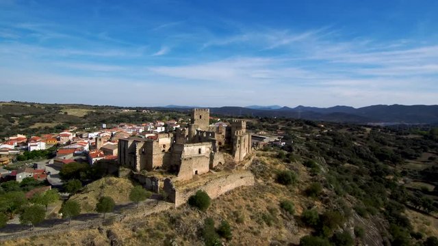 Aerial view in spanish castle of  Belvis de Monroy. Extremadura. Spain. 4k Drone Video