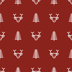 Dark red new year simple icon vector seamless pattern with trees and deer head.