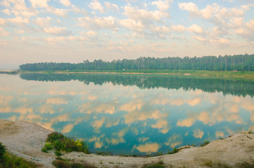 Blue and orange sky from sunset on the lake.