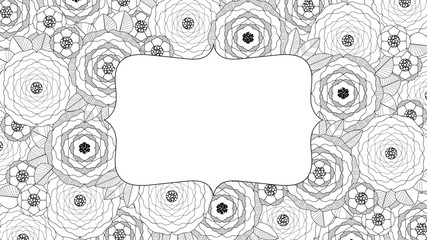 Vector illustration. The pattern of contours of abstract flowers with frame for text. Black and white illustration for coloring.