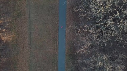 Aerial view of the woman running through an autumn forest at sunset