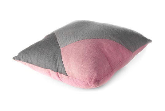 Soft pink and grey pillow, isolated on white