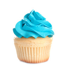 Tasty colorful cupcake on white background