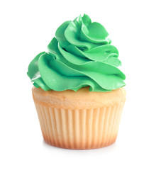 Tasty colorful cupcake on white background