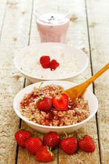 Healthy breakfast on wooden table