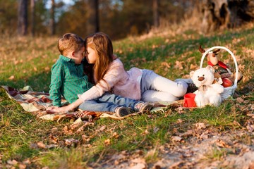 Fototapeta premium A happy family having fun in the park in autumn walking and hugging. Family, love, happiness concept. sister and a little cute brother hugging