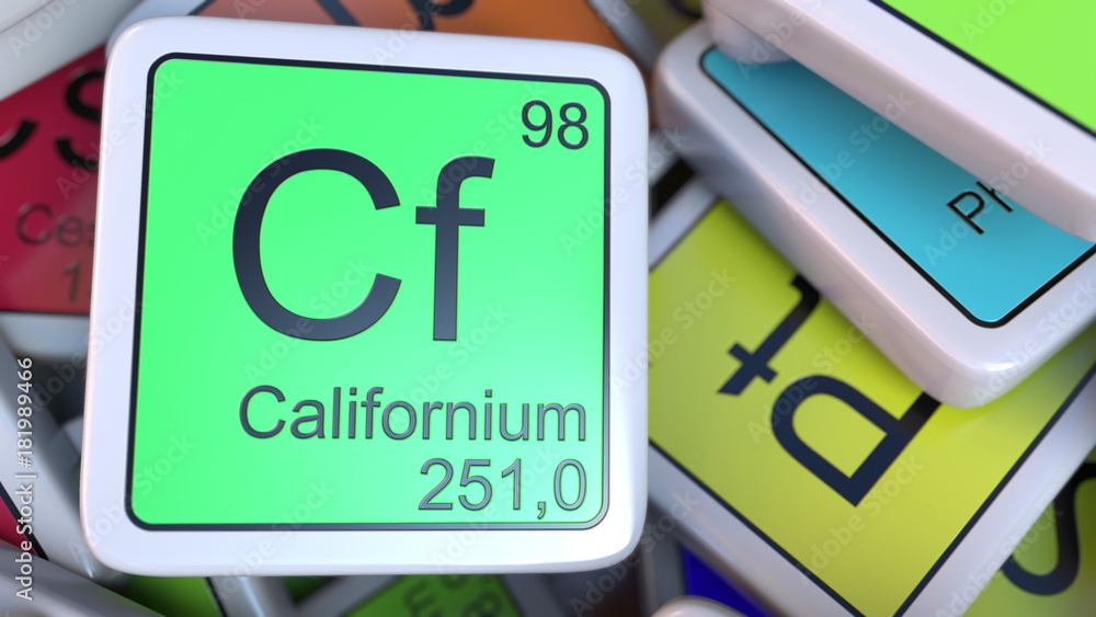 Poster californium cf block on the pile of periodic table of the chemical elements blocks. 3d rendering