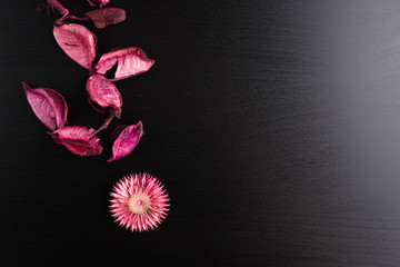 Fototapeta na wymiar Pink dried flowers petals potpourri on black backrgound.