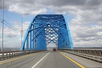 Blue steel bridge across the Yenisei River