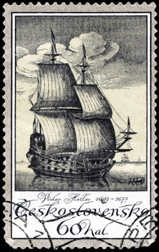 CZECHOSLOVAKIA - CIRCA 1976: A stamp printed in Czechoslovakia, shows old engravings of ships by Vaclav Hollar (1607-7167), circa 1976